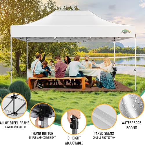 COBIZI 10x15 Heavy Duty Pop Up Canopy Tent with 4 Sidewalls Thicken Frame, Commercial Easy Up Outdoor Wedding Party Tents, All Season Waterproof Windproof with Stakes Sandbags Ropes Bag, White - color: White, size: 10x15