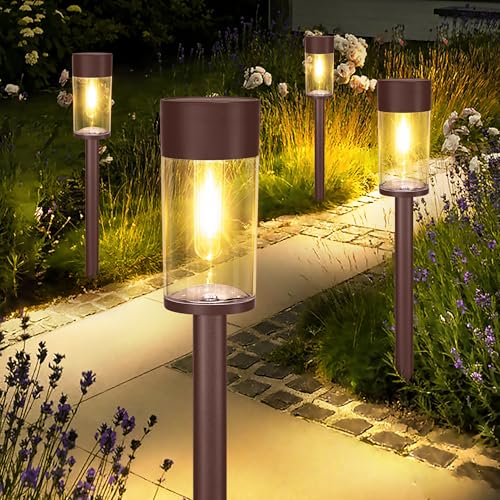 UME 2 Pack Solar Pathway Lights Outdoor, Bright Solar Garden Lights with Metal Design–IP65 Waterproof, Auto On/Off, 3000K LED Landscape Lighting for Yard, Lawn, Walkway, Driveway, Patio Decor - color: Bronze, size: 2 Pack