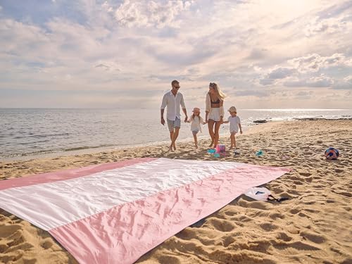 WEKAPO Beach Blanket Sandproof Waterproof, Extra Large Beach Mat, Oversized & Compact Sand Free, Quick Drying Beach Essentials for Vacation, Cruise, Picnic & Camping with Stakes - color: Pink, size: 9x7 FT (1～5 person)