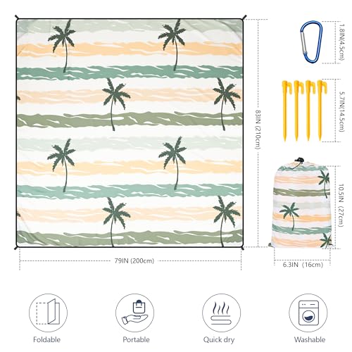 HIHOHO Beach Blanket Waterproof Sandproof Extra Large Beach Mat 79" X 83"/120"x108"for 1-8 Adults Quick Drying Durable Outdoor Picnic Mat for Beach Travel Camping Hiking - color: Coconut Tree - Striped - Yellow Green, size: 79" X 83"（1~3 person）
