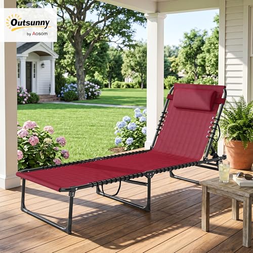 Outsunny Folding Chaise Lounge Chair, Patio Sun Tanning Chair, Outdoor Chaise Lounger with 4-Position Reclining Back, Breathable Mesh Seat for Beach, Poolside, Yard, Wine Red - color: Wine Red, size: 1 Pack