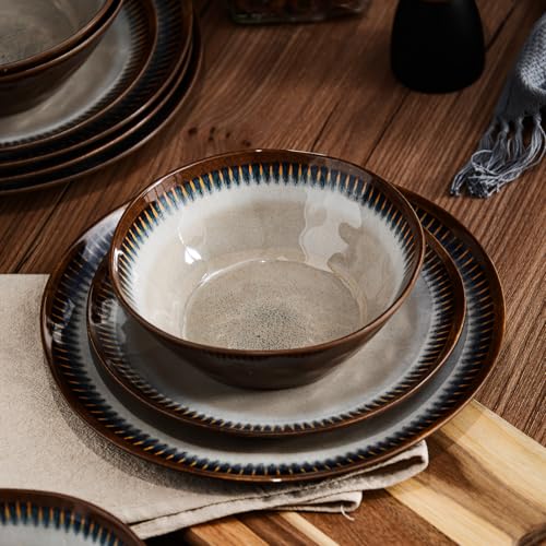 Melamine Dinnerware Set, 12 Pcs Dishware Sets, Plate and Bowl Set Service for 4, Lightweight and Unbreakable Dinnerware Sets for Camping, Great for RV, Dishwasher Safe, Sahara Beige and Blue - color: Sahara Beige