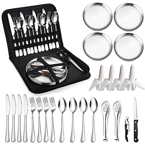 Camping Silverware Kit Cutlery Organizer Utensil Picnic Set Stainless Steel Plate Spoon Clip and Serrated Knife Wine Opener Fork Napkin Hiking - Camp Kitchen BBQ’s - color: Camping Silverware Set-24set