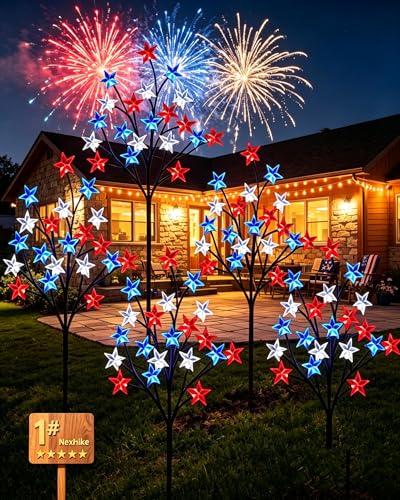 8 Piece Solar American Flag Pathway Stake Light Set, Patriotic Red White Blue Waterproof LED Outdoor Yard Garden Stake with 8 Lighting Modes for 250th Anniversary, 4th of July Decoration (B) - color: B