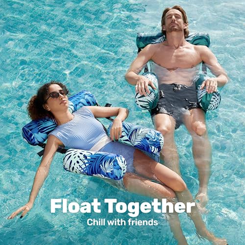 SLOOSH Inflatable Pool Floats Adult,2 Packs Floating Lounge Chairs,Blow up Pool Noodles for Adult Heavy Duty,Floating Chair for Party Summer Water Beach Lake Fun - style: Tropical Leaves-Green,Blue