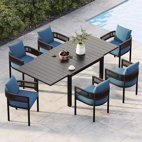 Grand patio 7-Piece Outdoor Dining Set for 6 with 1 Rectangle Expandable Table for 4-6 Person, Metal Woven Wicker Fixed Patio Chairs with Thickened Cushions for Yard, Poolside, Deck (Brown) - color: Brown, size: 7PCS