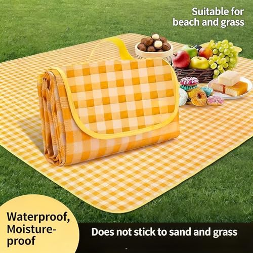 Loulangems Extra Large 2m x 2m Orange Plaid Picnic Mat, Sandproof Waterproof Outdoor Blanket, Orange Plaid Picnic Blanket for Campin and Hiking, Machine Washable