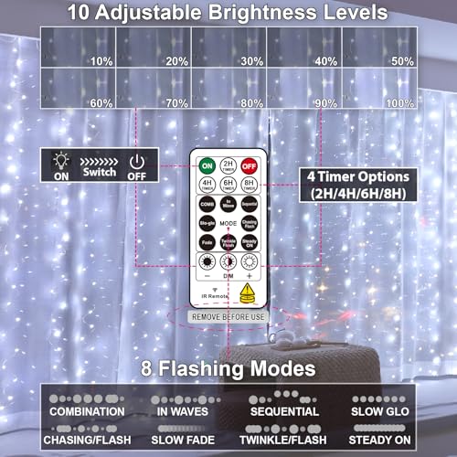 HXWEIYE 300LED Fairy Curtain Lights, 9.8x9.8Ft USB Plug-in 8 Modes Christmas String Hanging Lights with Remote for Bedroom Backdrop Wedding Indoor Wall Decor, White, Standard – 1 Pack - color: White, size: Standard – 1 Pack