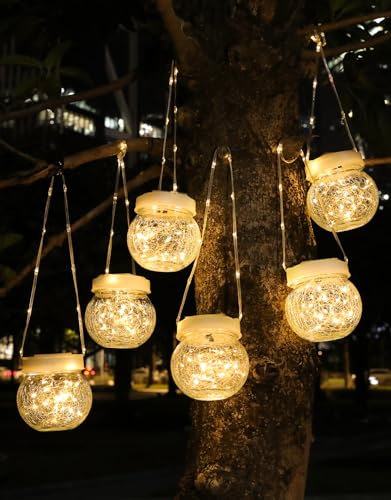 Solar Lantern Solar Lights Outdoor Waterproof 6-Pack, Solar Powered Hanging Lights Cracked Glass Hanging Globes for Christmas Decoration, Shepherd Hook, Garden Tree Ornaments, White Cap, Warm White - color: White Cap Warm White Light, size: 6 Pack