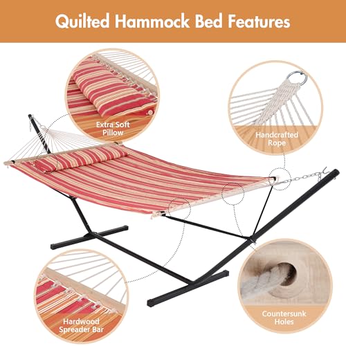 ANOW Outdoor Hammock with Stand 12FT, Heavy Duty Hammocks with Stand Included, 450 LBS Weight Capacity, Red Stripes - color: Red Stripes, size: 2 Person With Stand