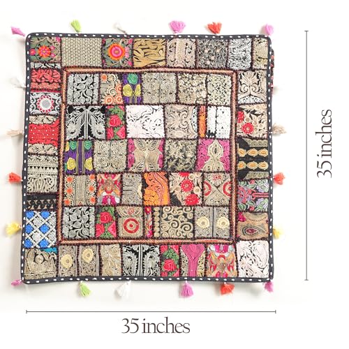 THE ART BOX Cotton Patchwork Vintage Boho Embroidered Floor Pillows & Cushion Cover Dog Pouf Seating Pouf Meditation Pillow Pet Bedding Cat Bed Boho Home Décor (35x35 Inches, Cover Only) - color: Black