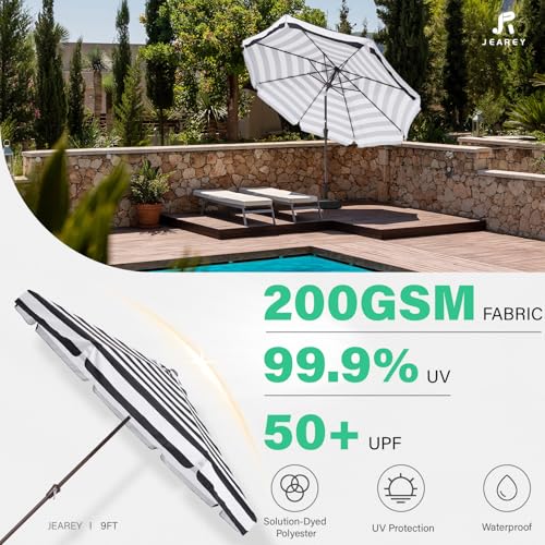 JEAREY 9 FT Patio Umbrella Outdoor, Table Umbrellas Market Umbrella w/Push Button Tilt/Crank, 8 Sturdy Ribs(Black White Striped) - color: Black White Striped