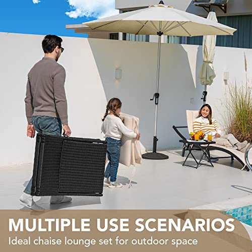 Devoko Patio Chaise Lounge Sets Outdoor Rattan Adjustable Back 3 Pieces Cushioned Patio Folding Chaise Lounge with Folding Table (Beige) - color: Beige