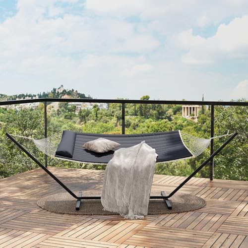 2 Person Double Hammock with Iron Frame Stand,475Lb Capacity,Portable Rope Hammock for Garden, Camping, and Relaxation, Dark Grey - color: Dark Gray (Flat)