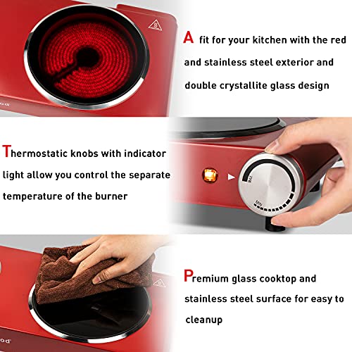 Hot Plate, Techwood 1800W Dual Electric Stoves, Countertop Stove Double Burner for Cooking, Infrared Ceramic Hot Plates Double Cooktop, Red, Brushed Stainless Steel Easy To Clean Upgraded Version, Red - color: Red, size: Red Double Burner
