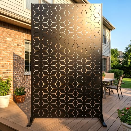 6FT Metal Privacy Screen Outdoor – Decorative Laser Cut Privacy Fence Panel for Patio, Deck & Garden, Rustproof Steel Privacy Divider, Modern Geometric Design, Freestanding Outdoor Privacy Screen - color: Black Hexagon