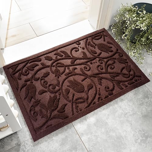 ViveNest Boho Coffee Brown Floral Leaves Outdoor Indoor Entrance Doormats, Absorbent Durable Heavy Duty Welcome Front Door Mat,Thick Natural Rubber Back,Easy Clean Entryway Mat 17x30 Inch, Low Profile - color: Tulip-coffee, size: 1'5" x 2'6" (Rectangular)