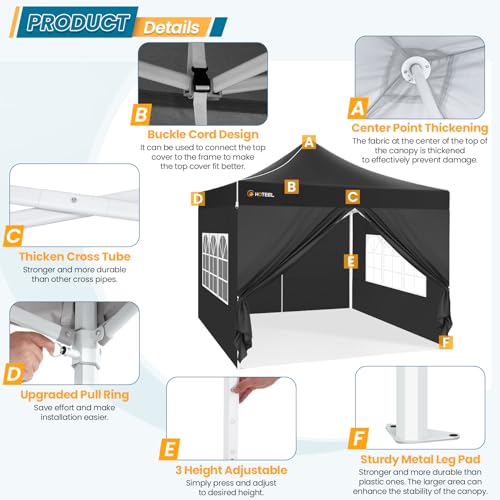 Hoteel 10x10 Pop Up Canopy Tent Heavy Duty with 4 Sidewalls, Waterproof Party Tent, Easy Set-up Commercial Instant Tents with Hand Bag & Rope & Nail, Hexagonal Leg (1-Year Warranty) - color: Black, size: 10×10 （4 Walls）