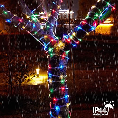 YEGUO Solar Rope Lights Outdoor Waterproof, 66ft 200 LED Multicolor String Lights, 8 Modes Fairy Lights in Clear Thin Tube - color: Multicolor