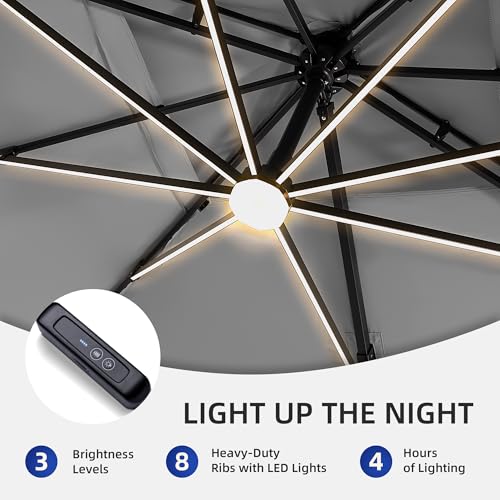 9 X 12 FT Cantilever Patio Umbrella with Led Lights and Base Included Heavy Duty Outdoor Double Top Large Rectangle Offset Umbrellas with 360-degree Rotation for Garden Pool Deck Backyard, Foggy Grey - color: Foggy Grey, size: 9' X 12'- Weighted Base Incl