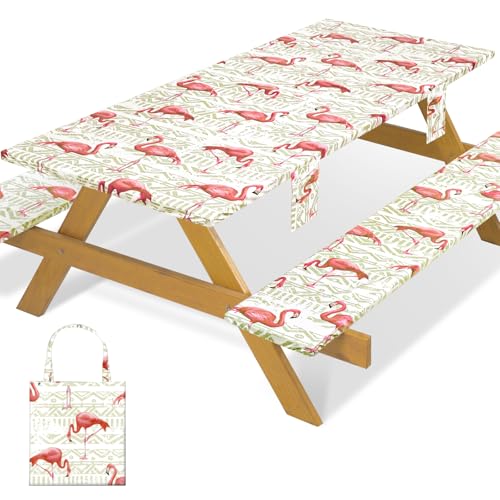 Fitted Waterproof Picnic Table Cover with Bench Covers Heavy Duty Elastic Outdoor Camping Tablecloth for 6 Foot Rectangle Tables Summer Rv Accessories Patio Garden Road Trip Essentials Gifts - color: Pink Flamingo, size: 72" x 30" (Rectangular)