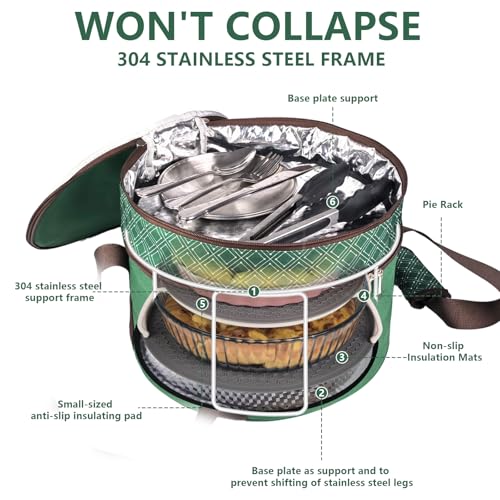 Pie Carrier With A Lid And Handle, With A Hard Edge That Won'T Collapse, Round Insulated Casserole Carrier,It Is Suitable For The Safe Transportation Of Cold And Hot Food (Green) - color: Green