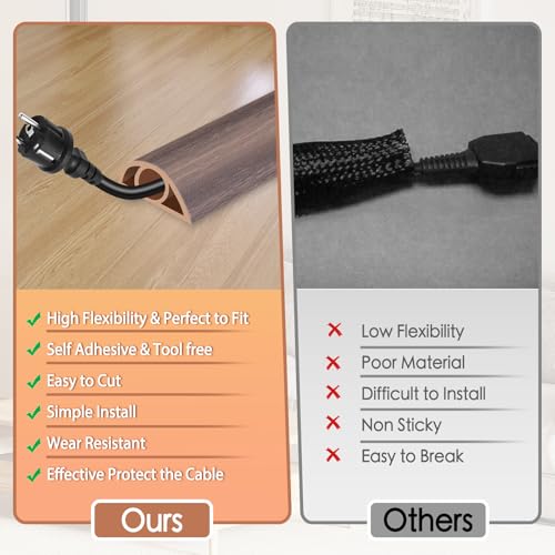Floor Cord Cover for Wires on Floor Self Adhesive Cord Hider Floor Cable Management Wire Covers for Cords Protector Prevent Cable Trips Cord Cavity W 0.32" x H 0.32", Grayish Brown Wood, 3.3Ft - color: Grayish Brown Wood, size: 0.78 In x 3.3 Ft
