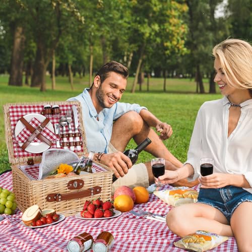 HappyPicnic Picnic Basket Set for 2 - Wicker Picnic Basket with Waterproof Blanket & Insulated Liner, Large Handmade Willow Hamper with Cutlery Kit for Outdoor, Picnic, Camping, Party, Holidays (Red) - color: Red Check