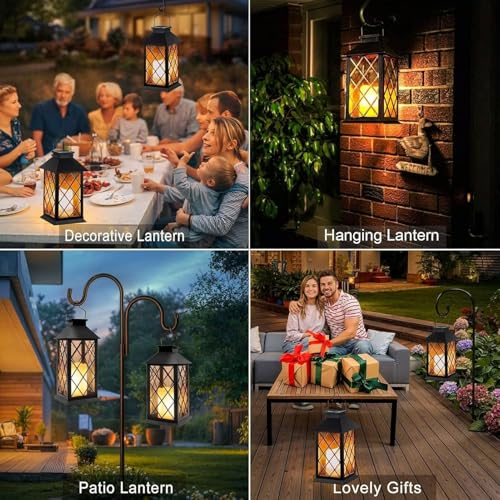 Solar Lanterns Outdoor Waterproof, Flickering Candles Hanging Solar Lights for Outside Garden Patio Wall Porch Decorative, Lamp with Upgraded Solar Panel, Tempered Glass & Clip, Black 2 Pack - style: Black*2, 4.2*4.2*8.7in