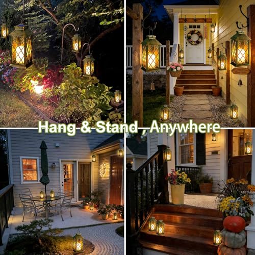 Solar Lanterns Outdoor Waterproof, Flickering Candles Hanging Solar Lights for Outside Garden Patio Wall Porch Decorative, Lamp with Upgraded Solar Panel, Tempered Glass & Clip, Bronze 2 Pack - style: Bronze*2, 4.2*4.2*8.7in