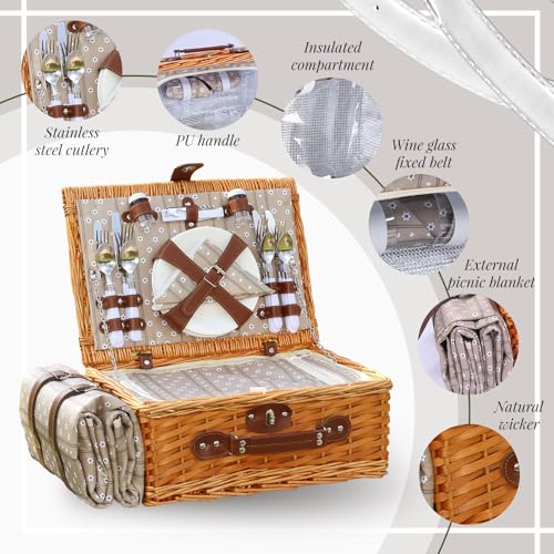 Picnic Basket Set for 4 with Waterproof Blanket Mat Insulation Bag Wicker Floral Brown Classic Fresh for Christmas Thanksgiving Wedding Birthday Camp Outdoor Beach Travel - color: Brown and White Flower