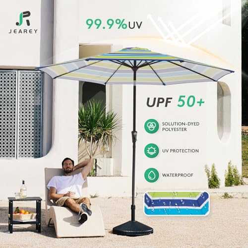 JEAREY 9FT Outdoor Patio Umbrella Outdoor Table Umbrella with Push Button Tilt and Crank, Market Umbrella 8 Sturdy Ribs UV Protection Waterproof for Garden, Deck, Backyard, Pool (Blue-Green Stripe) - color: Bold Blue & Green Stripe