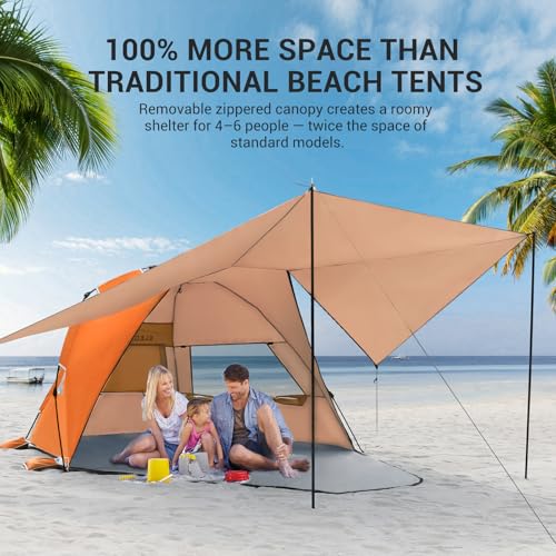 Elegear CumbreX™ Beach Tent with 360° Removable Canopy, 4-6 Person Pop Up Sun Shade Shelter, UPF 50+ Automated Installation Double Silver Coating Portable Lightweight Beach Cabana for Outdoor Orange - color: Orange