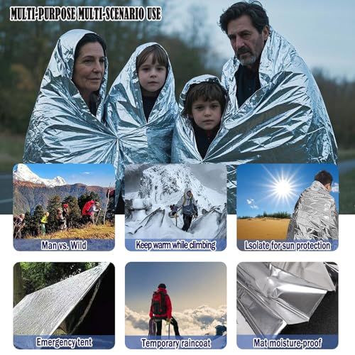 4-Pack Mylar Emergency Thermal Blankets - Waterproof Windproof Survival Gear for Camping, Hiking & Marathons - Retains 95% Body Heat, Tear-Resistant, Reusable Space Blanket (82.7"x63" & 82.7"x51.2")