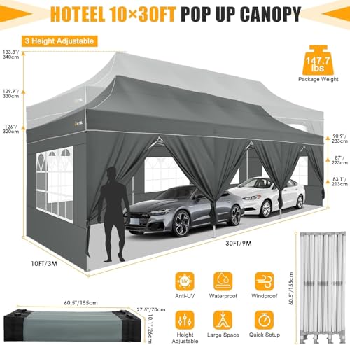 HOTEEL Tents for Parties 10x30 Pop Up Canopy Tent Heavy Duty with 8 Sidewalls, Commercial Party Tent Event Wedding Instant Canopy Waterproof with Carry Bag, UV 50+, Thicked Hexagonal Legs, Grey - color: Gray, size: 10x30FT (+8 Walls)