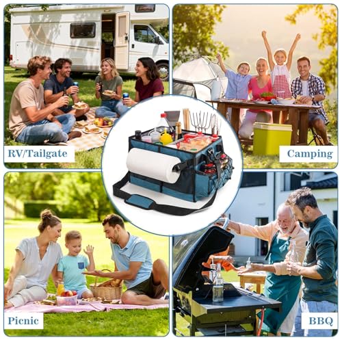 Lorbro Grill Caddy, BBQ Caddy with Paper Towel Holder, Portable Picnic Basket for Utensil and Condiment, Barbecue Grilling Tool Accessories Storage Organizer for Outdoor Griddle, Tailgate, Camping, RV - style: Blue