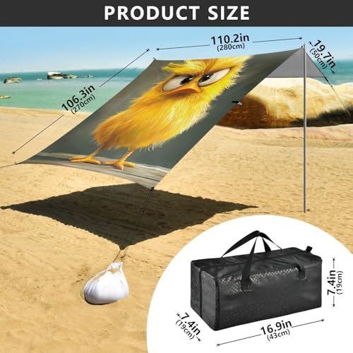 Cartoon Funny Pet Chicken Inquisitive Foldable Beach Tent UPF50+ Easy Setup Sun Shade with Sand Shovel, Sandbags for Family Trips, Picnics & Camping