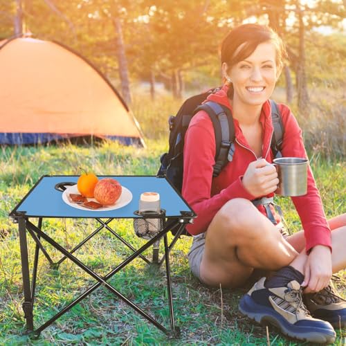 KOCASO 1Pc Foldable Camping Table Portable Picnic Table Lightweight Travel Desk with 2 Cup Holders Carrying Bag - color: Blue