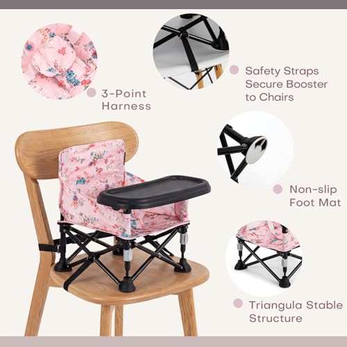 Booster Seat for Kitchen Chair with Removable Tray, Portable Foldable Baby Chair for Babies 6-36 Months, Indoor Outdoor Toddler Camping Chair (Pink Floral Design) - color: Pink Floral Booster Seat