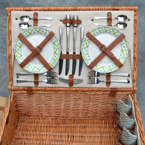 Picnic at Ascot Dorset English-Style Willow Picnic Basket with Service for 4, Coffee Set and Blanket- Designed, Assembled & Quality Approved in the USA - color: Wicker With Gazebo Plates/Napkins
