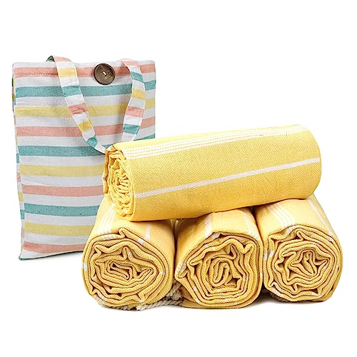 HILLFAIR Cotton Turkish Beach Towels, Quick Dry Lightweight Sand Free Peshtemal Towel for Bath Swim Yoga Spa Travel, Beach Accessories, Oversized Cotton Turkish Towels (39 x 72 inch- 4 Pack Yellow) - color: Yellow, size: 39 x 72 inch ( Beach towel - 4 PAC