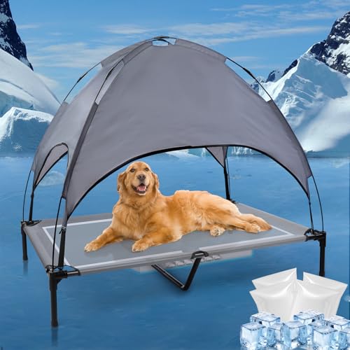 a12'' Outdoor Elevated Dog Bed with Canopy, Raised Dogs Bed Medium Large Size Dogs with Six Support Feet, BreathablaHammock Bed,Outside Pet Bed with 4 Ice Pack(Large)
