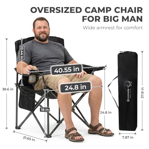 FUNDANGO Oversized Camping Chair for Adults, Heavy Duty Portable Foldable Lawn Chair with Padded Seat & Back, Lumbar Support, 4-can Cooler & Cup Holder, Carry Bag Included for Outdoor - color: Black With Lumber Support 1 Pack