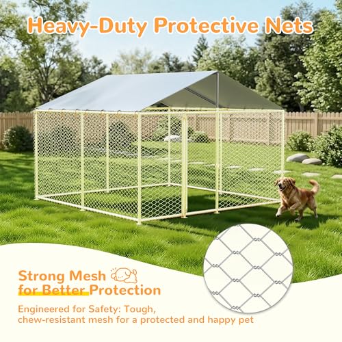 10x10 FT Extra Large & Heavy Duty Dog Kennel Run - Outdoor Metal Enclosure with Lockable Door and Waterproof Cover for Big Dogs - size: 124x124in