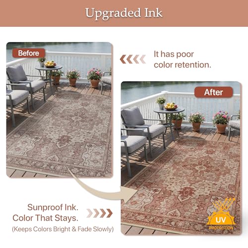 GENIMO Outdoor & Indoor Area Rug 6'x9', Waterproof, Non-Shedding, Easy Cleaning, Boho Mat for Patio, Living Room, Balcony, Dining Room, RV, Deck, Bedroom, Camping, Outside Carpet,Brown Red - color: Brown Red, size: 6' x 9' (Rectangular)