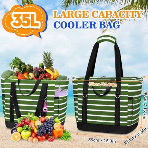 HUANLANG Soft Cooler Bag Insulated for Travel,Large Insulated Grocery Bags with Zippered Top,PEVA Collapsible Food Delivery Cooler Bag for Beach, Travel, Picnics - color: Army green and white stripes
