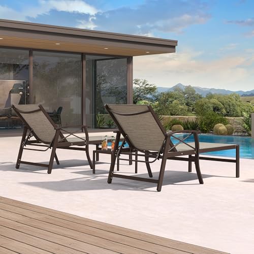 PURPLE LEAF Outdoor Oversized Chaise Lounge Chair Set of 3 Patio Pool Lounger Aluminum Chairs with Side Table and Wheels Adjustable Tanning Recliner with Armrests for Outside Yard Beach, Ivory Granite - color: Ivory Granite, size: Oversized Upgrade