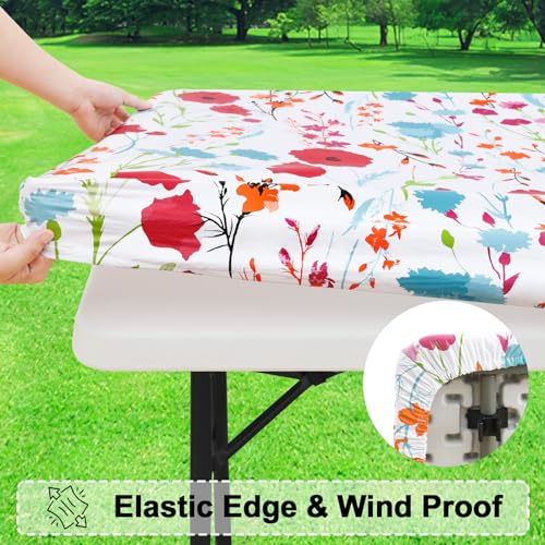 misaya Rectangle Vinyl Tablecloth, Fitted Table Cover, 100% Waterproof, Elastic Edge, Flannel Backing, Plastic Table Cloth Fit 6 Foot Folding Tables for Picnic, Camping, Outdoor (Flowers, 30x72 inch) - color: Off White, size: 72" x 30" (Rectangular)