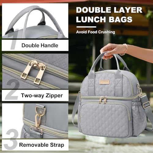 AIJIEKE Large Insulated Lunch Bag for Women, Double Compartment Leakproof Lunch Box for Work Office, Reusable Cooler Tote with Adjustable Strap & Side Pockets for Adults Picnic Beach, Grey - color: Gray
