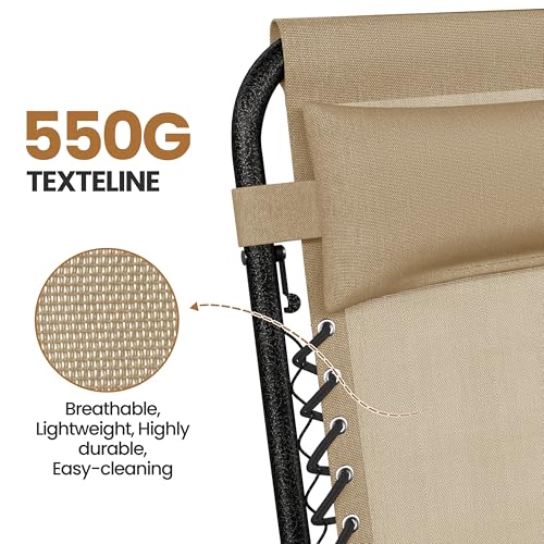 Yaheetech Zero Gravity Recliners Outdoor Adjustable Folding Reclining Lounge Chairs w/Pillows, Cup Holder Trays and Carry Strap for Patio Backyard Beach Beige Set of 2 - color: Beige